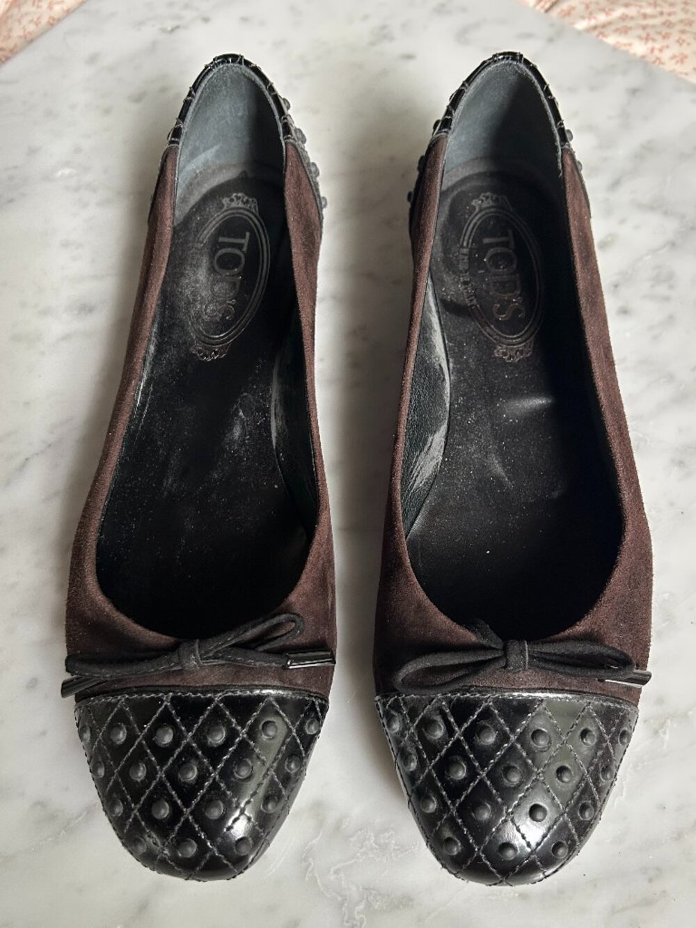 Tod's Brown Suede Ballet Flats with Back Studded Toe Cap Size EU 38.5
